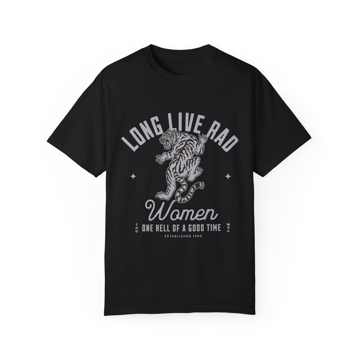 Rad Women Tee with vintage tiger graphic. 90s band graphic tee style with distressed rock tee aesthetic. Edgy women’s tee for a bold look. Western rock tee meets grunge style tee. Badass women tee with rebel graphic tee energy, perfect for everyday wear.