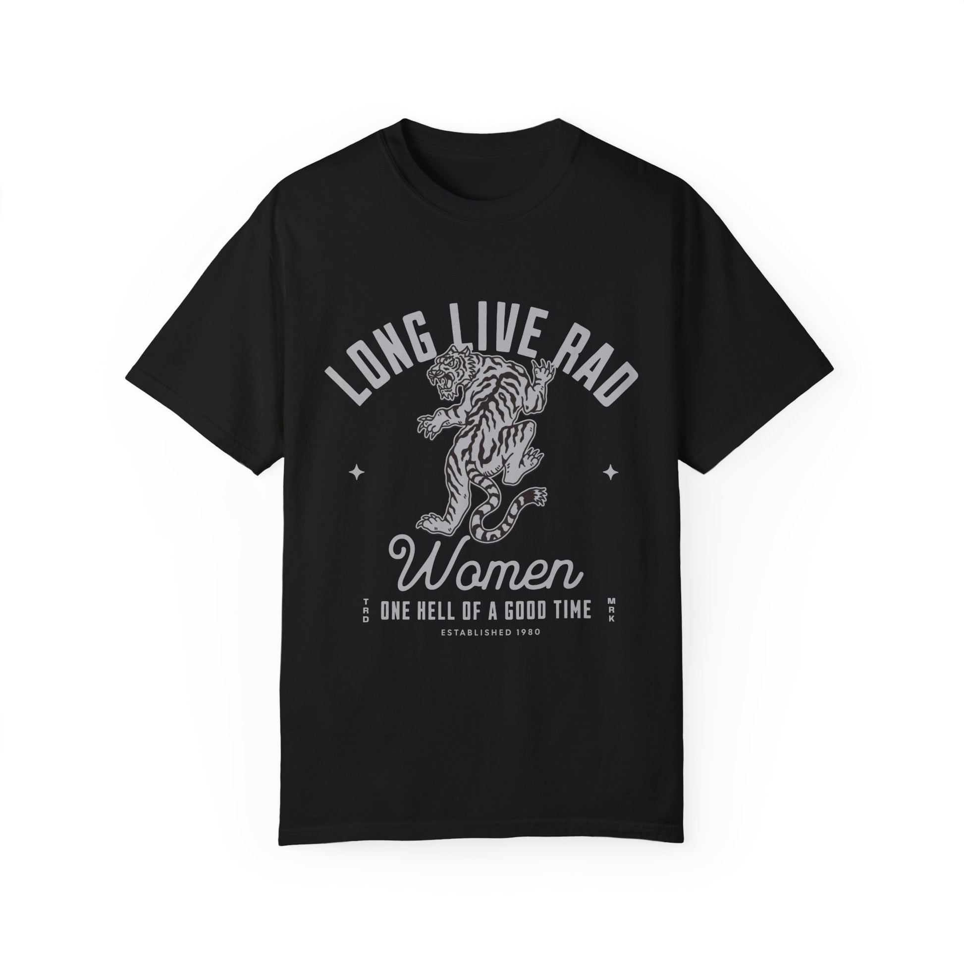 Rad Women Tee with vintage tiger graphic. 90s band graphic tee style with distressed rock tee aesthetic. Edgy women’s tee for a bold look. Western rock tee meets grunge style tee. Badass women tee with rebel graphic tee energy, perfect for everyday wear.