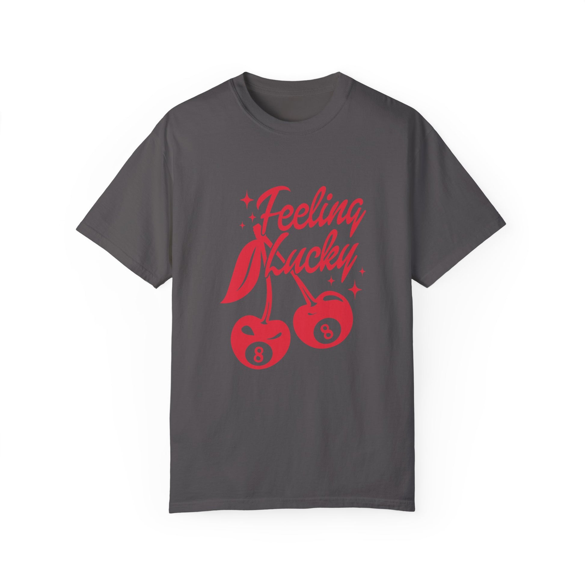 Shirt featuring a lucky cherry graphic with vintage red cherries and an 8-ball design. Retro cherry t-shirt with a feeling lucky vibe, perfect as a black vintage shirt or fun vintage shirt for casual, stylish looks.