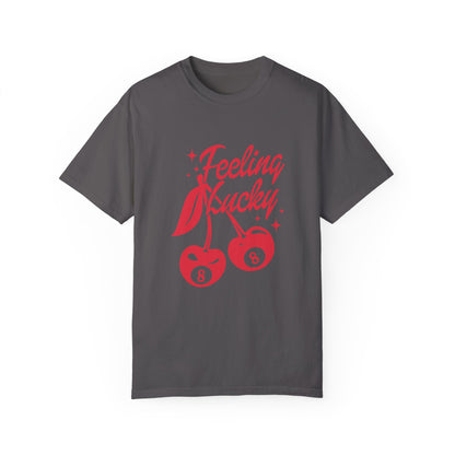 Shirt featuring a lucky cherry graphic with vintage red cherries and an 8-ball design. Retro cherry t-shirt with a feeling lucky vibe, perfect as a black vintage shirt or fun vintage shirt for casual, stylish looks.