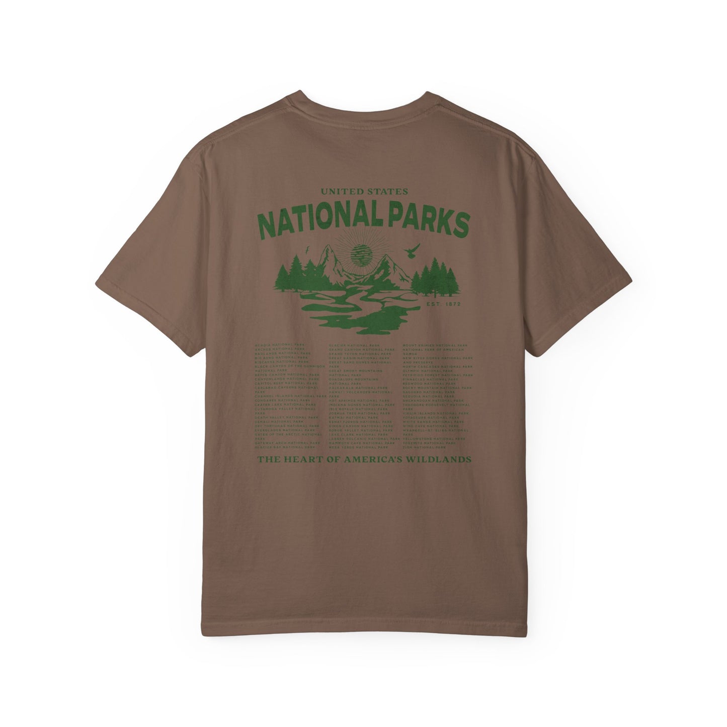 Brown t-shirt with green 'United States National Parks' graphic on a white background