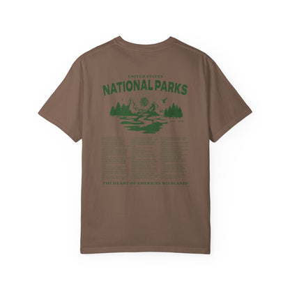 Brown t-shirt with green 'United States National Parks' graphic on a white background