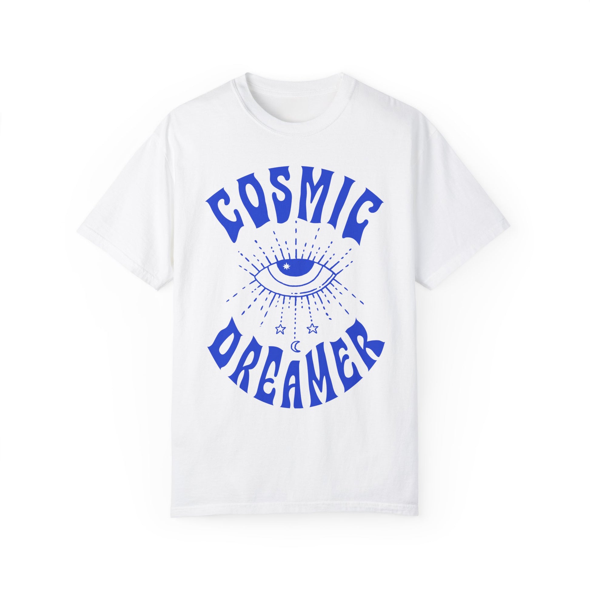 Mystical graphic tee featuring a spiritual eye, cosmic dreamer typography, and celestial design. Perfect for vintage-inspired outfits, boho rebel style, and night sky aesthetics.