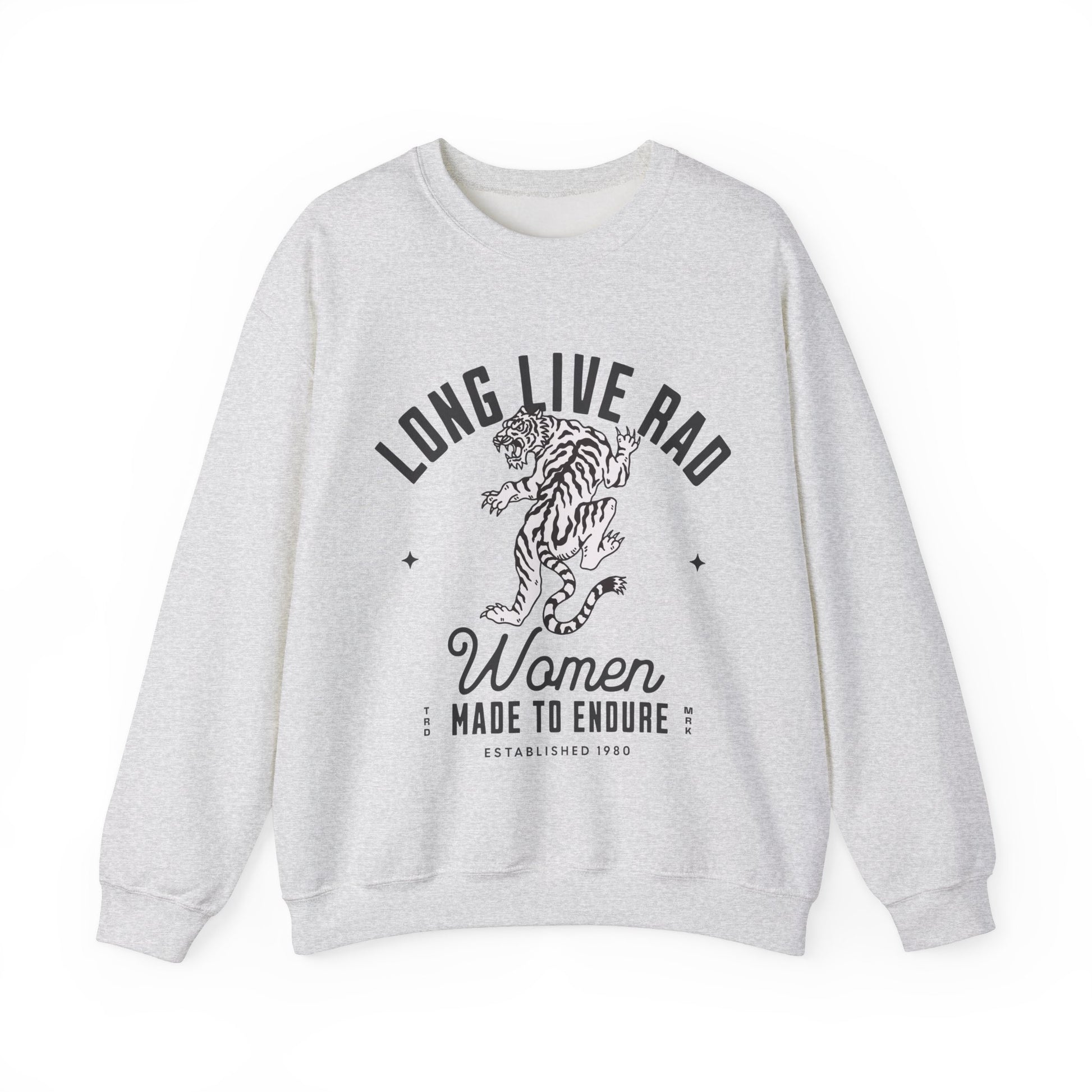 Rad Women Sweatshirt with tiger graphic. 90s aesthetic crew with vintage style. Edgy women’s crew with Western rock vibes. Distressed rock crew for a bold look. Badass women crew with rebel energy. Retro tiger crew, perfect for everyday wear and layering.