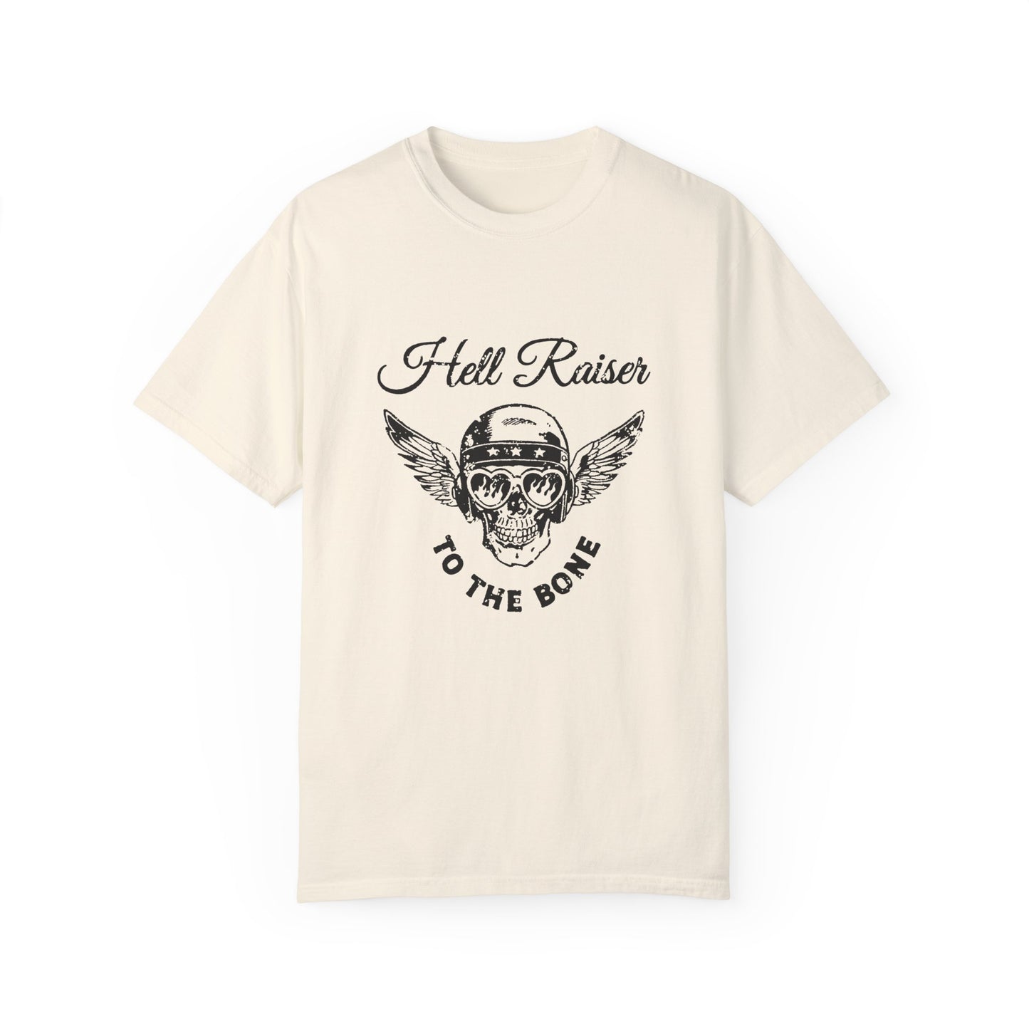 Graphic tee featuring a vintage-inspired winged skull and helmet design. Perfect for fans of retro biker style, rebel looks, and distressed rocker shirts. A badass, edgy option for casual wear with a unique skull and wings design.