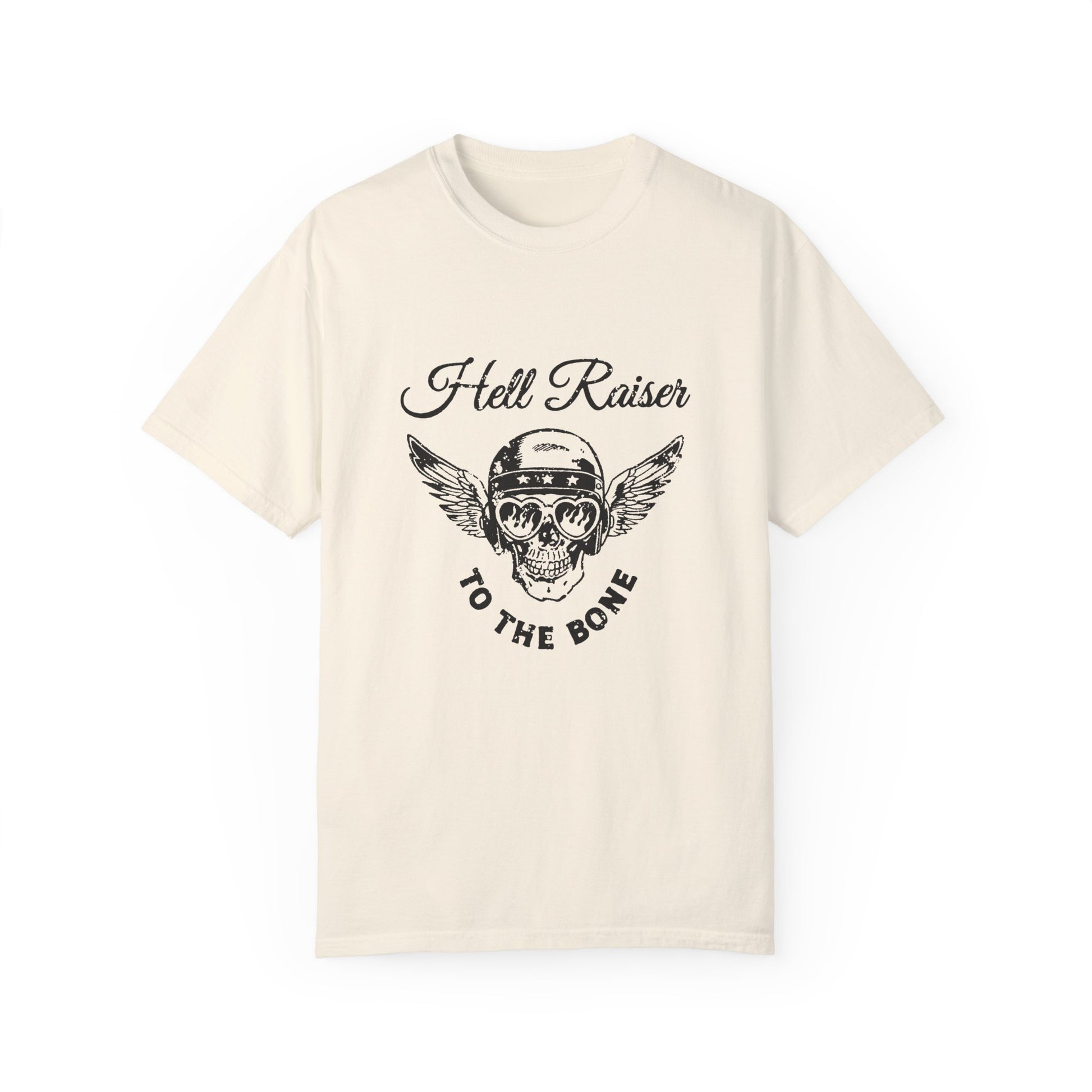 Graphic tee featuring a vintage-inspired winged skull and helmet design. Perfect for fans of retro biker style, rebel looks, and distressed rocker shirts. A badass, edgy option for casual wear with a unique skull and wings design.