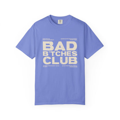 Purple t-shirt with 'Bad Bitches Club' text on a white background