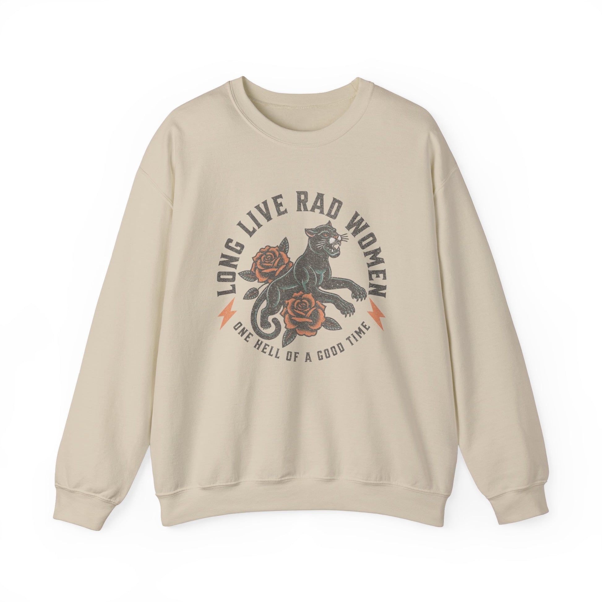 Rad women sweatshirt with vintage panther and floral tattoo design. Bold graphic pullover for cool girls and rebel hearts. Feminist crewneck with retro panther style. Empowered women top perfect for casual, everyday, and statement looks.