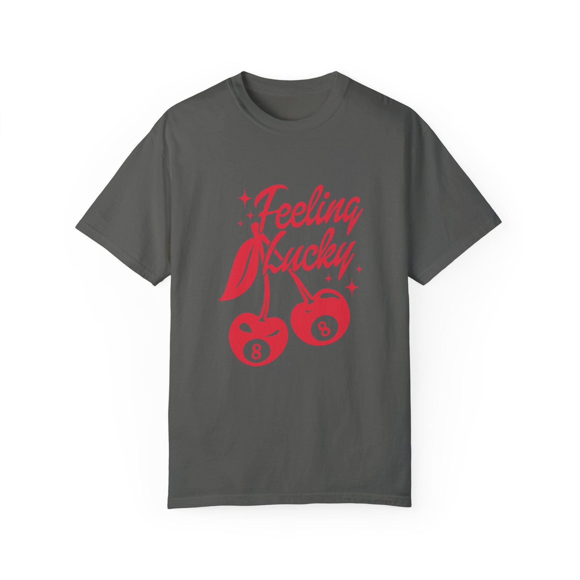 Shirt featuring a lucky cherry graphic with vintage red cherries and an 8-ball design. Retro cherry t-shirt with a feeling lucky vibe, perfect as a black vintage shirt or fun vintage shirt for casual, stylish looks.