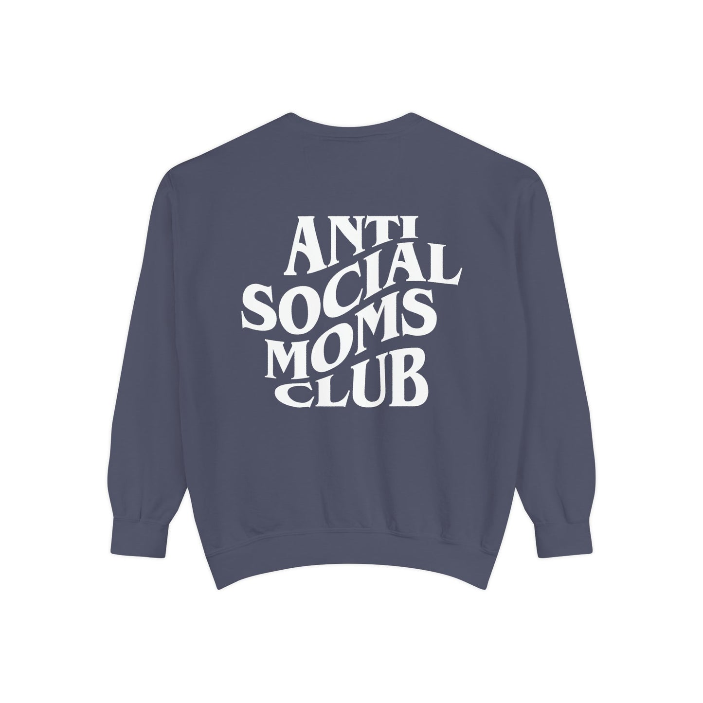 Anti Social Moms Club sweatshirt with bold graphic text on the back. Perfect funny mom sweatshirt or vintage mom pullover for casual wear. Stylish, oversized fit for a comfy mom sweatshirt, ideal gift for moms who love humor and relaxed style.