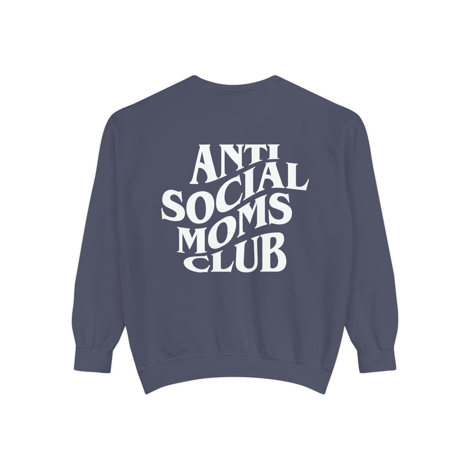 Anti Social Moms Club sweatshirt with bold graphic text on the back. Perfect funny mom sweatshirt or vintage mom pullover for casual wear. Stylish, oversized fit for a comfy mom sweatshirt, ideal gift for moms who love humor and relaxed style.