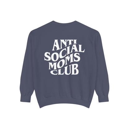 Anti Social Moms Club sweatshirt with bold graphic text on the back. Perfect funny mom sweatshirt or vintage mom pullover for casual wear. Stylish, oversized fit for a comfy mom sweatshirt, ideal gift for moms who love humor and relaxed style.