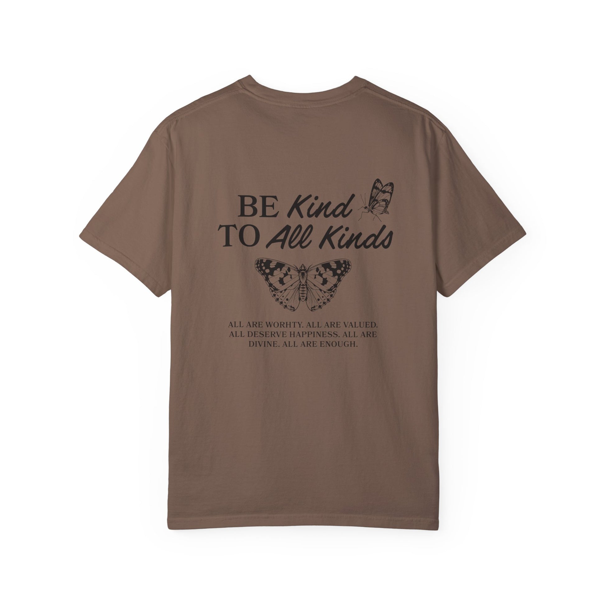 Be Kind Graphic Tee with butterfly design and uplifting message. Kindness Quote Tee made from soft cotton, perfect for casual wear. This Be Kind To All Tee spreads positivity and features an inspiring quote, great as a motivational shirt for daily style.