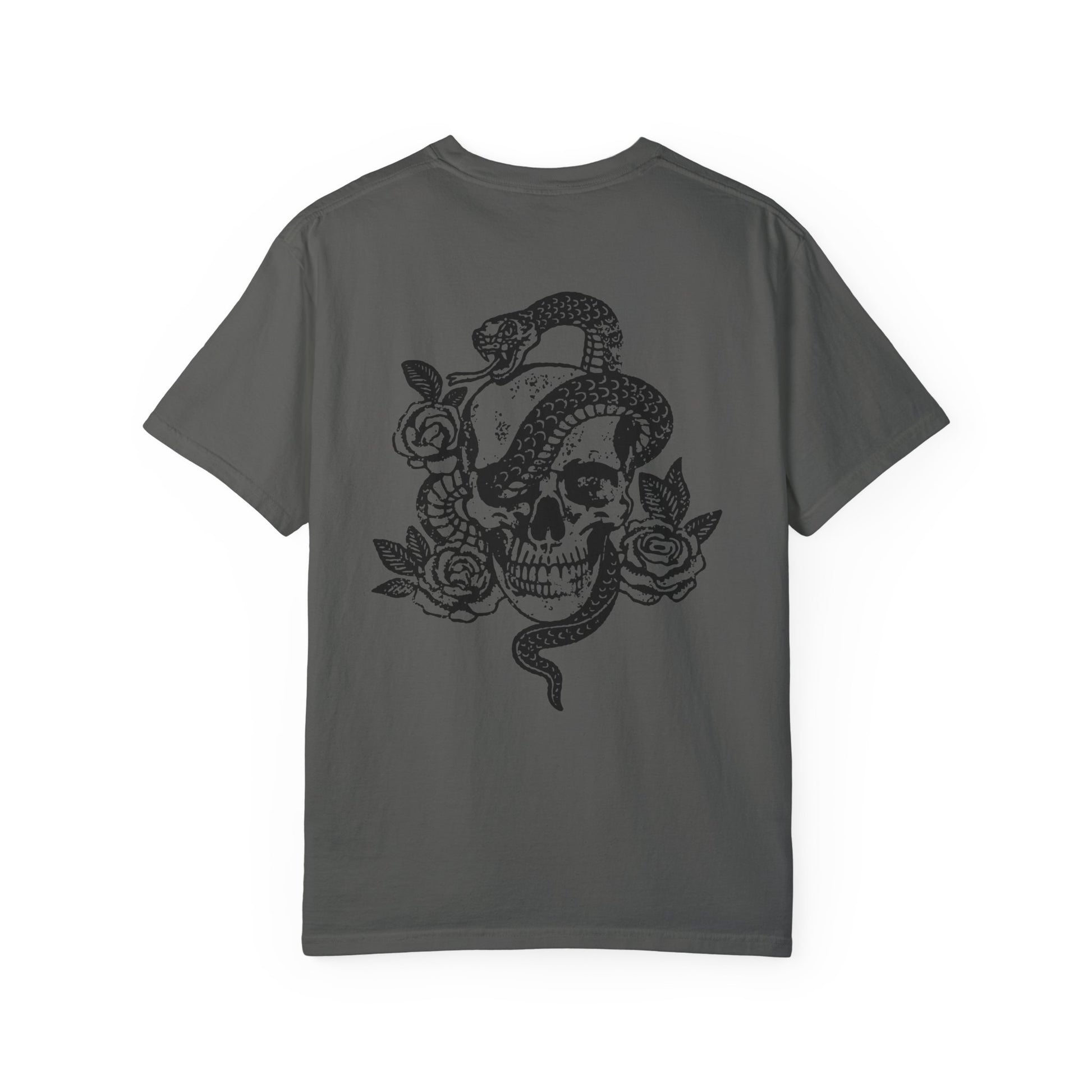 Snake skull shirt with a bold skull, rose, and snake design, blending edgy and gothic vibes. This dark graphic tee is ideal for fans of retro snake shirts, witchy skeleton tees, or unique rose t-shirts seeking a vintage gothic aesthetic for everyday wear.