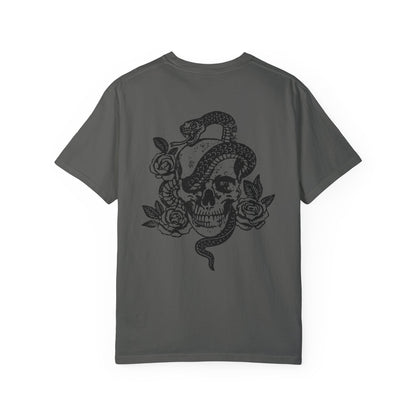 Snake skull shirt with a bold skull, rose, and snake design, blending edgy and gothic vibes. This dark graphic tee is ideal for fans of retro snake shirts, witchy skeleton tees, or unique rose t-shirts seeking a vintage gothic aesthetic for everyday wear.