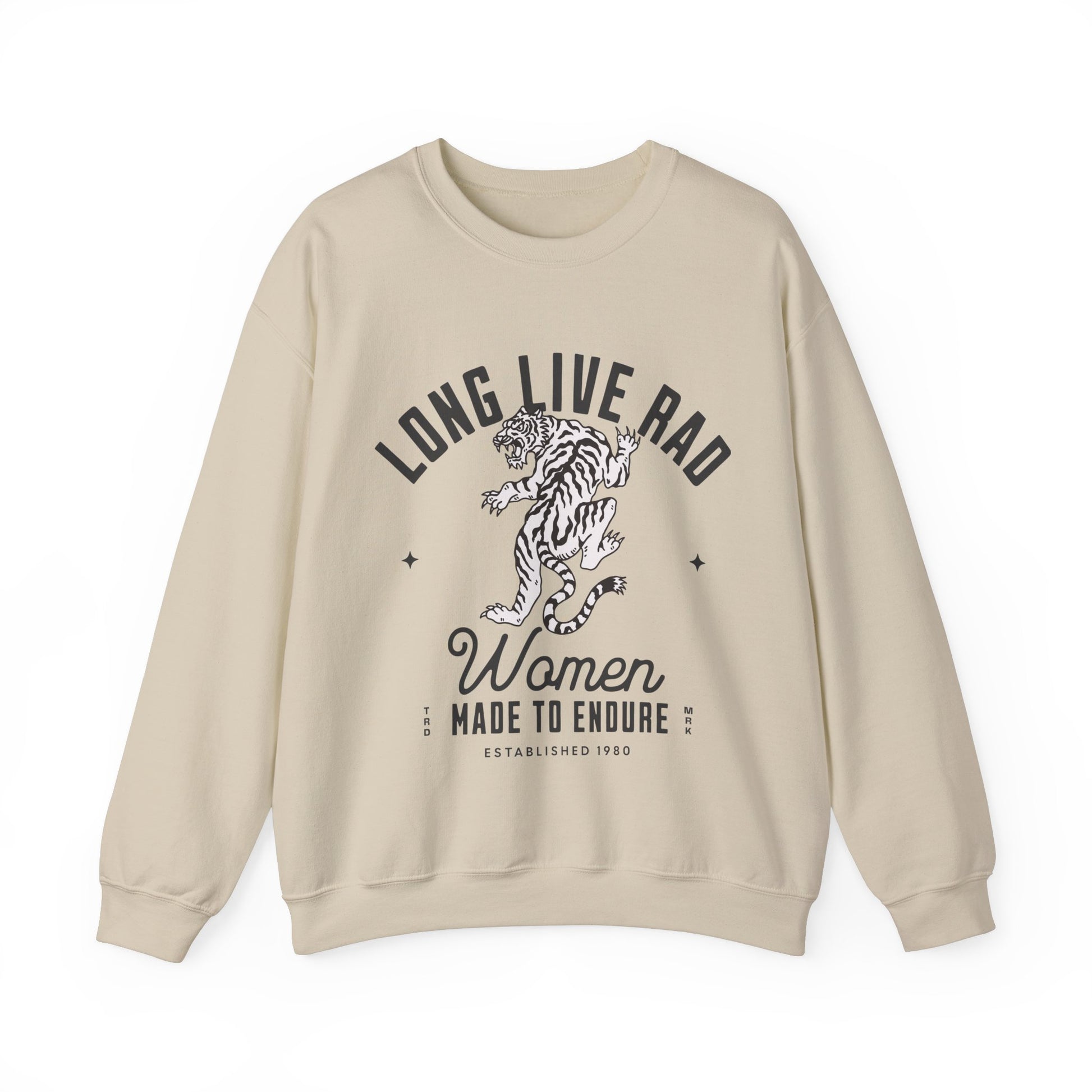 Rad Women Sweatshirt with tiger graphic. 90s aesthetic crew with vintage style. Edgy women’s crew with Western rock vibes. Distressed rock crew for a bold look. Badass women crew with rebel energy. Retro tiger crew, perfect for everyday wear and layering.