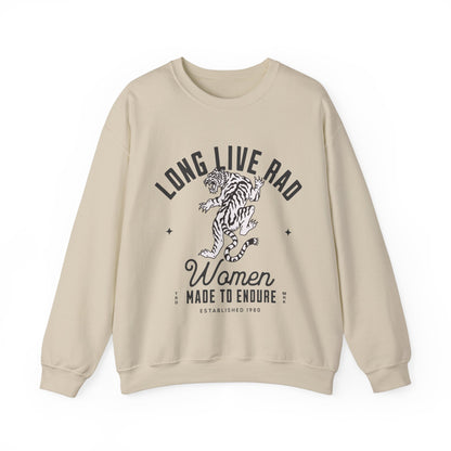 Rad Women Sweatshirt with tiger graphic. 90s aesthetic crew with vintage style. Edgy women’s crew with Western rock vibes. Distressed rock crew for a bold look. Badass women crew with rebel energy. Retro tiger crew, perfect for everyday wear and layering.