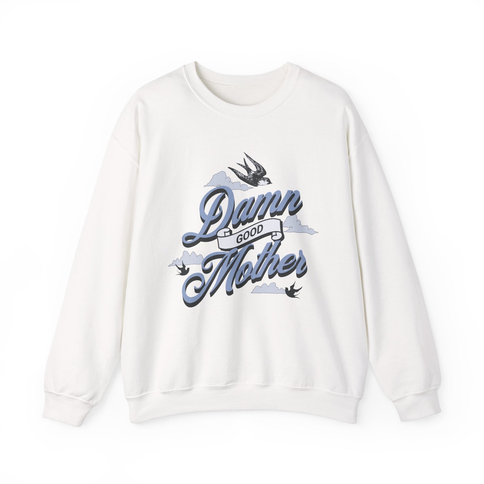 Crewneck sweatshirt with “Damn Good Mother” graphic in tattoo style. Cool mom sweatshirt with vintage and retro mama sweater vibe. Bold mom pullover for edgy, confident women. Funny mom jumper and trendy mom sweater perfect for gifting or everyday wear. Stylish mama crew with rad mom graphic top. Great for Mother's Day crewneck gift or casual looks. Cute mom sweatshirt with bold statement and timeless design.