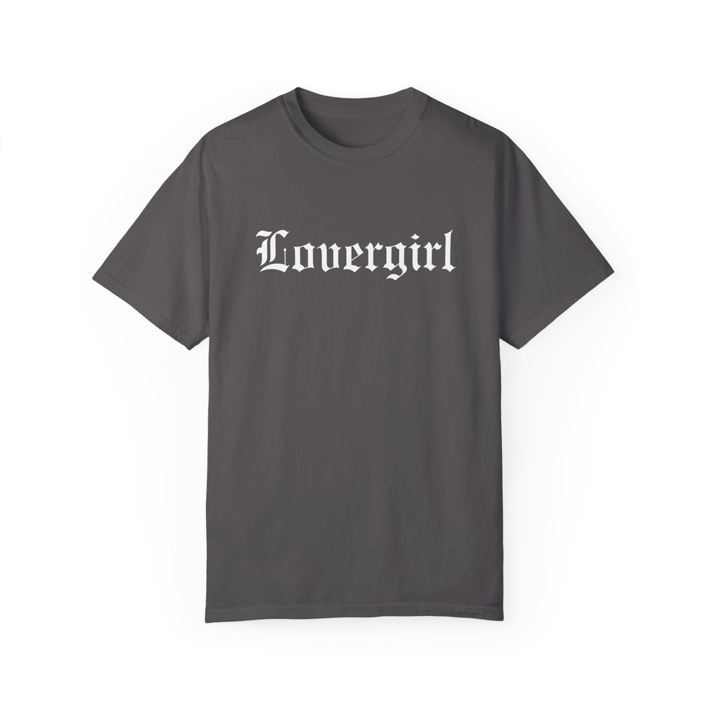 Vintage lovergirl tee in black with old English text font. Oversized casual fit perfect as a retro aesthetic shirt or edgy women’s graphic tee. Soft cotton black tee for everyday wear, combining minimalist style with trendy retro t-shirt vibes.