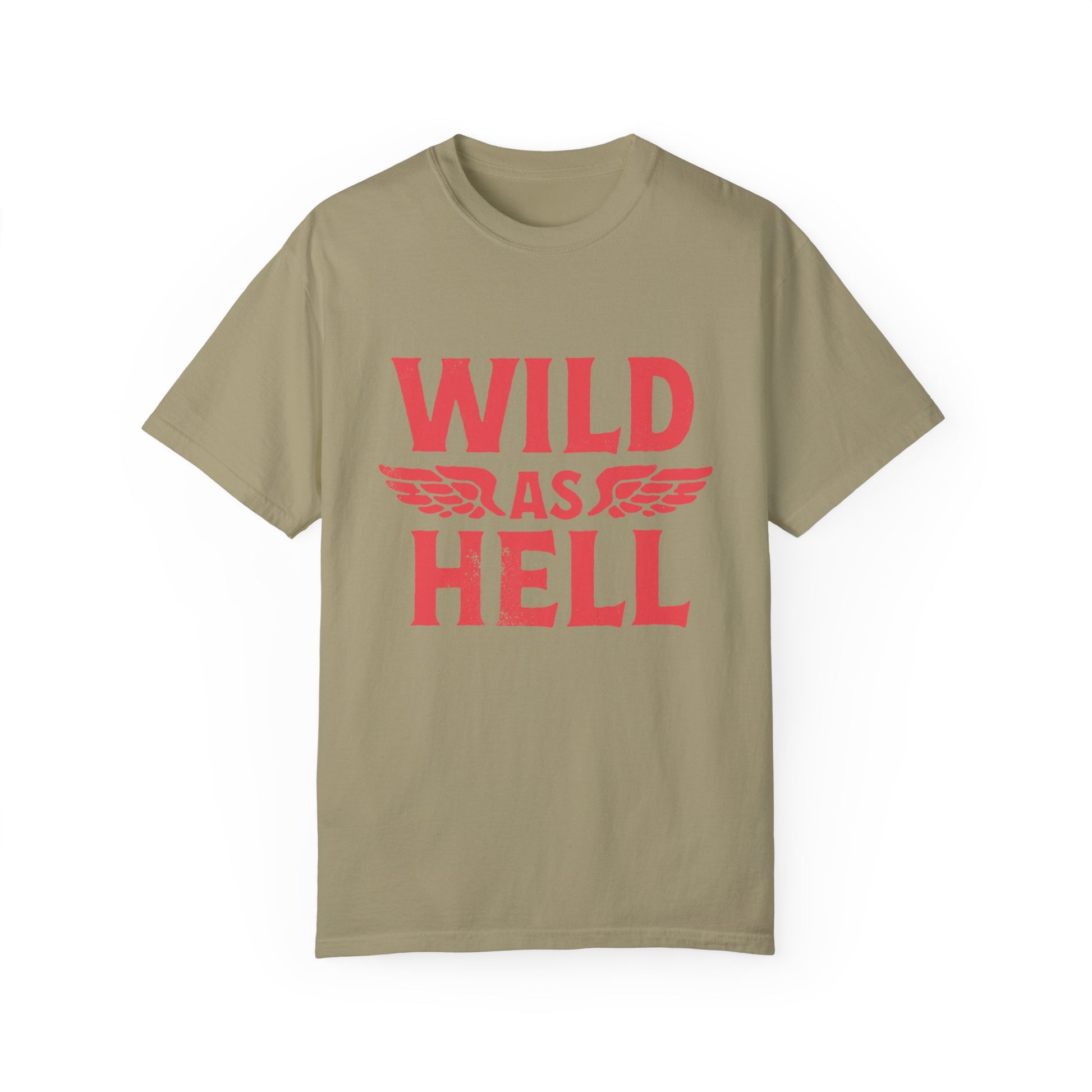 Wild as Hell shirt featuring bold red retro slogan design on a soft oversized tee, perfect for women seeking 90s aesthetic vibes, feminist graphic style, or edgy biker fashion. Ideal for grunge, punk rock, or vintage rebel looks.