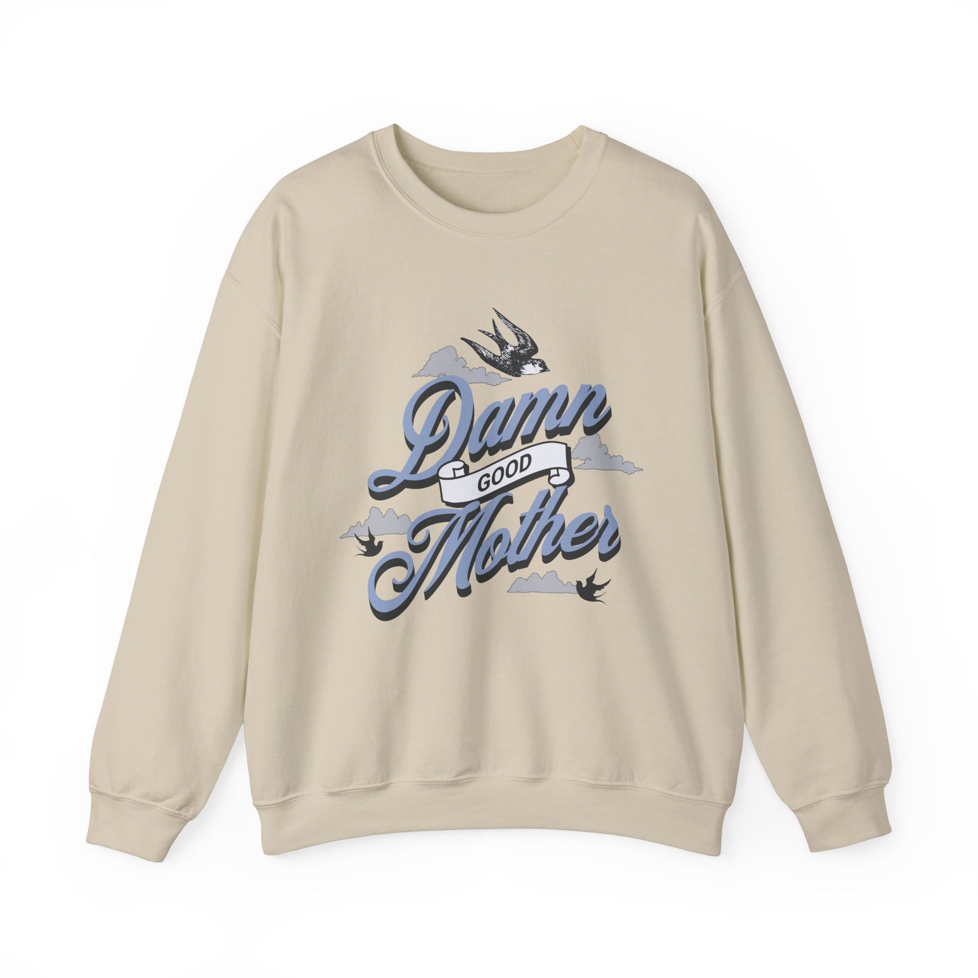 Crewneck sweatshirt with “Damn Good Mother” graphic in tattoo style. Cool mom sweatshirt with vintage and retro mama sweater vibe. Bold mom pullover for edgy, confident women. Funny mom jumper and trendy mom sweater perfect for gifting or everyday wear. Stylish mama crew with rad mom graphic top. Great for Mother's Day crewneck gift or casual looks. Cute mom sweatshirt with bold statement and timeless design.