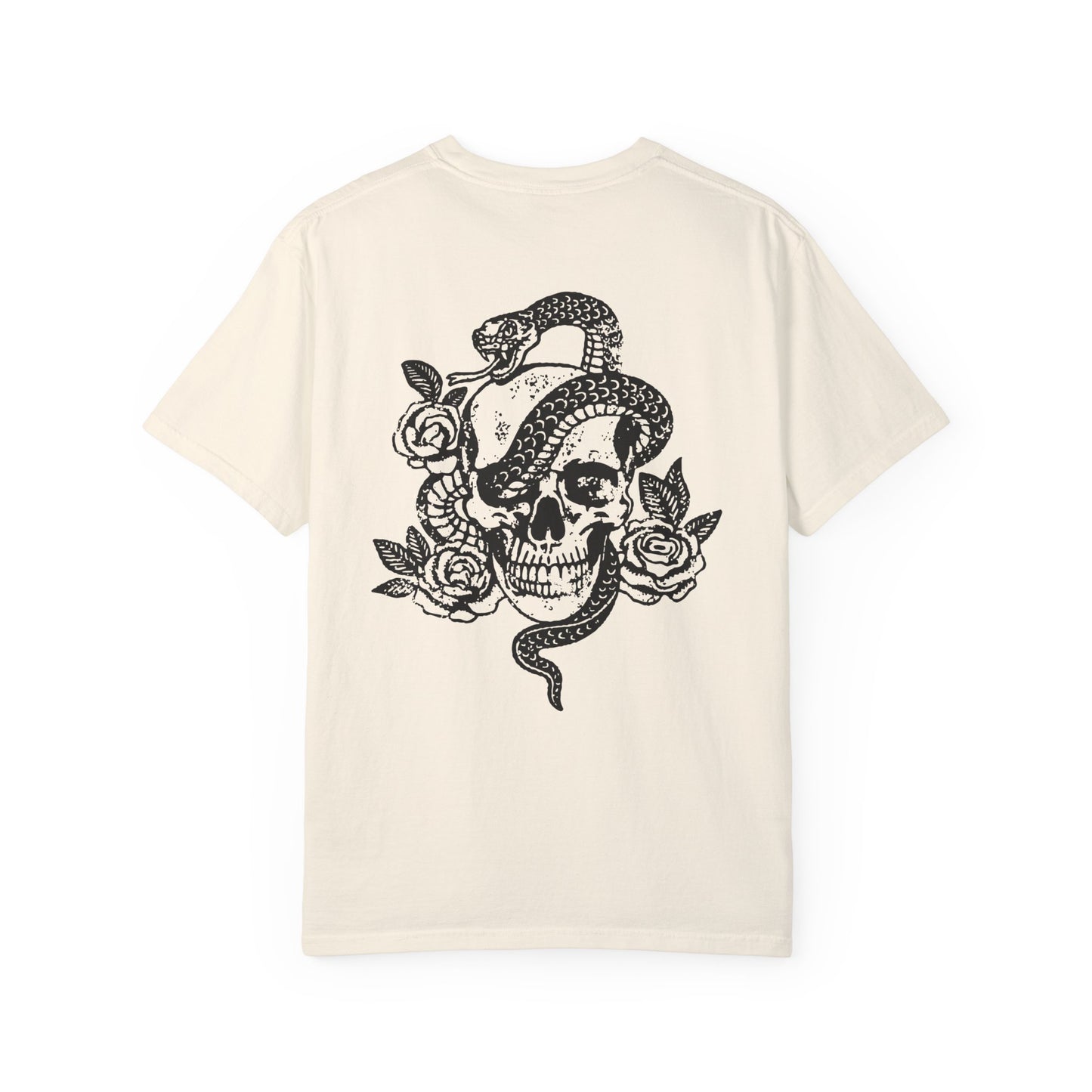 Snake skull shirt with a bold skull, rose, and snake design, blending edgy and gothic vibes. This dark graphic tee is ideal for fans of retro snake shirts, witchy skeleton tees, or unique rose t-shirts seeking a vintage gothic aesthetic for everyday wear.
