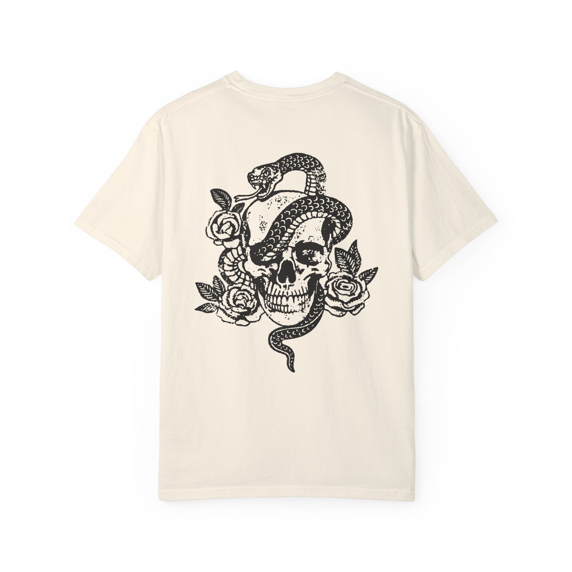 Snake skull shirt with a bold skull, rose, and snake design, blending edgy and gothic vibes. This dark graphic tee is ideal for fans of retro snake shirts, witchy skeleton tees, or unique rose t-shirts seeking a vintage gothic aesthetic for everyday wear.