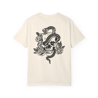Snake skull shirt with a bold skull, rose, and snake design, blending edgy and gothic vibes. This dark graphic tee is ideal for fans of retro snake shirts, witchy skeleton tees, or unique rose t-shirts seeking a vintage gothic aesthetic for everyday wear.