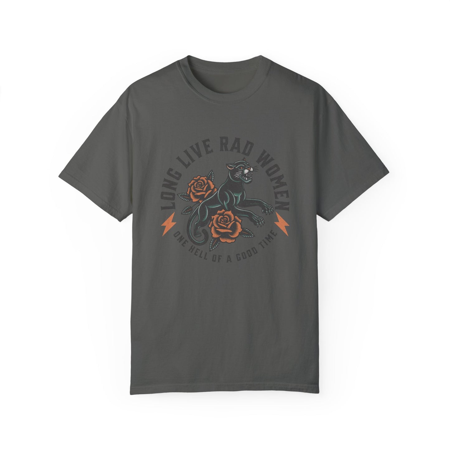 Rad women graphic tee with vintage panther and floral tattoo design. Feminist retro tee made for bold women and cool girls. Edgy graphic tee with panther crew style for rebel hearts. Powerful women tee perfect for everyday casual looks.