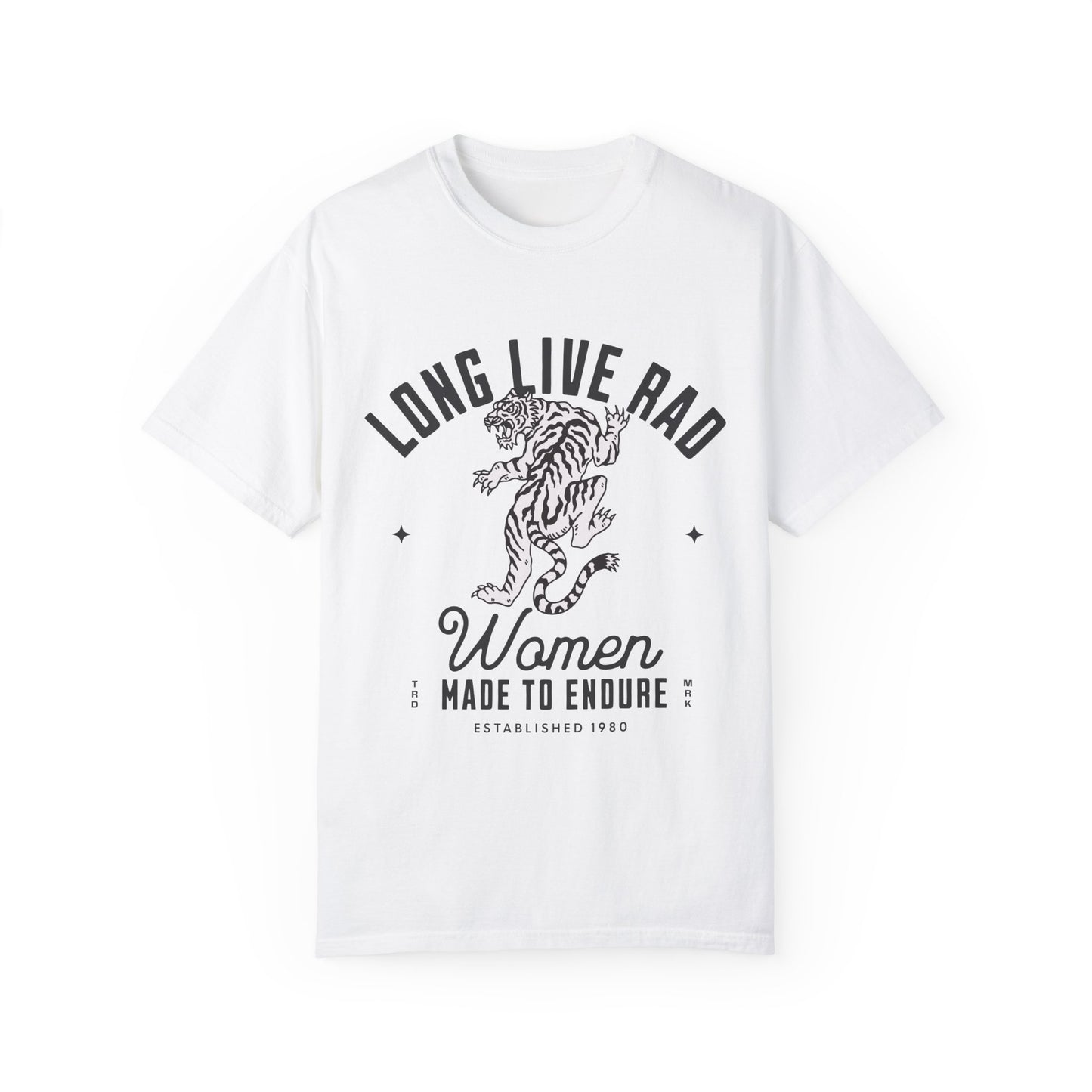 Rad Women Tee with vintage tiger graphic. 90s band graphic tee style with distressed rock tee aesthetic. Edgy women’s tee for a bold look. Western rock tee meets grunge style tee. Badass women tee with rebel graphic tee energy, perfect for everyday wear.