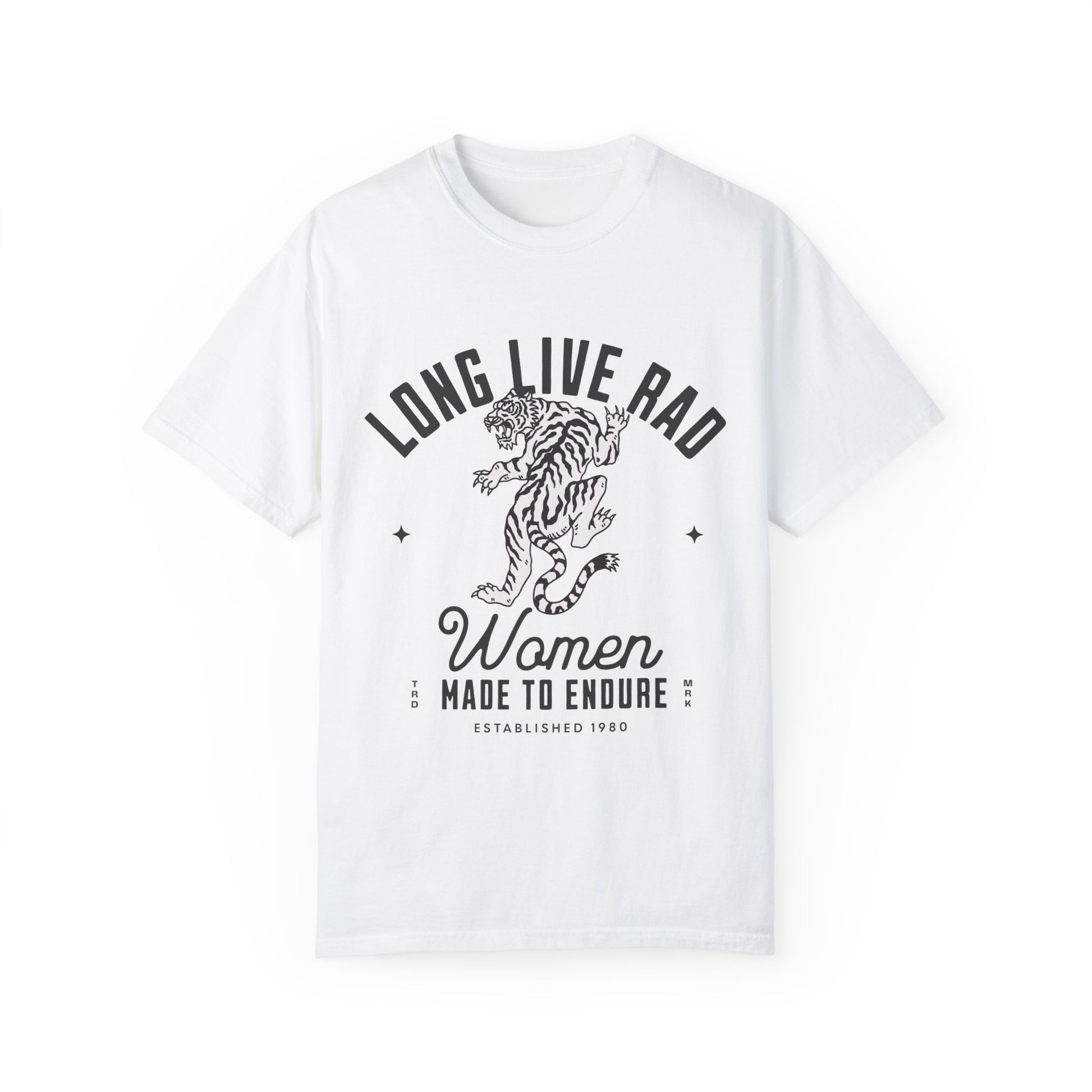 Rad Women Tee with vintage tiger graphic. 90s band graphic tee style with distressed rock tee aesthetic. Edgy women’s tee for a bold look. Western rock tee meets grunge style tee. Badass women tee with rebel graphic tee energy, perfect for everyday wear.