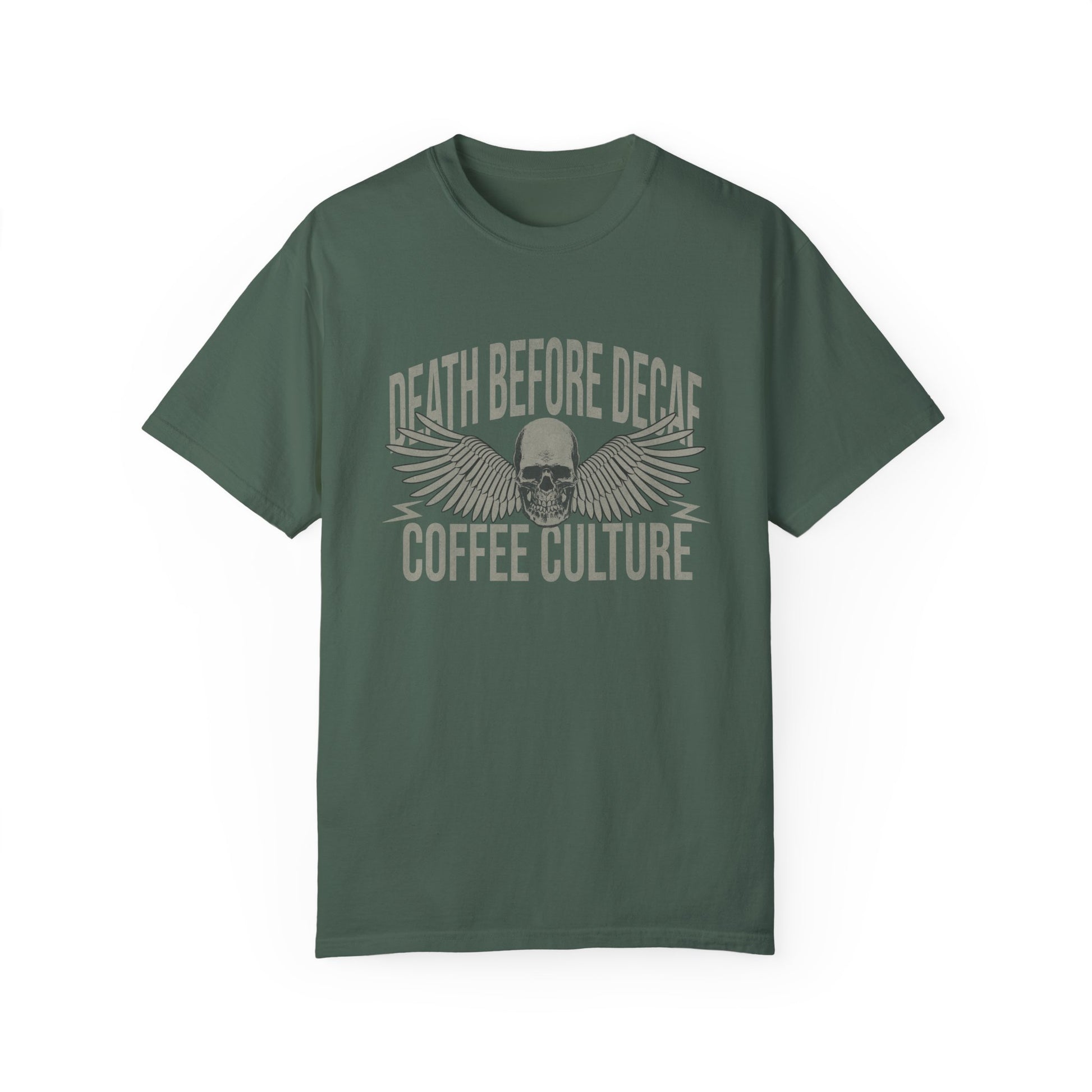 T-shirt with bold Death Before Decaf design featuring a skull and wings. Perfect for coffee lovers who prefer strong brews. This edgy coffee skull shirt makes a great caffeine addict tee or anti decaf shirt. Fits unisex style and works as a vintage coffee tee, goth coffee shirt, or strong coffee shirt. Ideal for casual wear, gifting, or making a bold coffee culture statement. Funny coffee shirt with attitude.