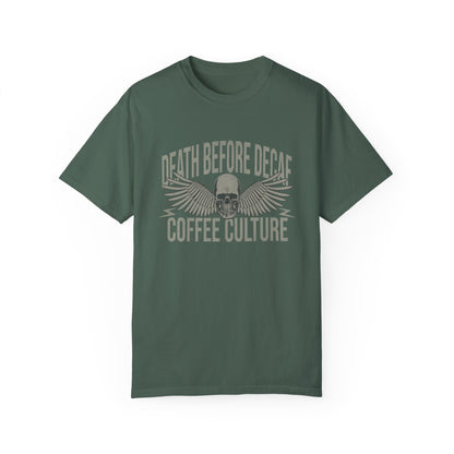 T-shirt with bold Death Before Decaf design featuring a skull and wings. Perfect for coffee lovers who prefer strong brews. This edgy coffee skull shirt makes a great caffeine addict tee or anti decaf shirt. Fits unisex style and works as a vintage coffee tee, goth coffee shirt, or strong coffee shirt. Ideal for casual wear, gifting, or making a bold coffee culture statement. Funny coffee shirt with attitude.