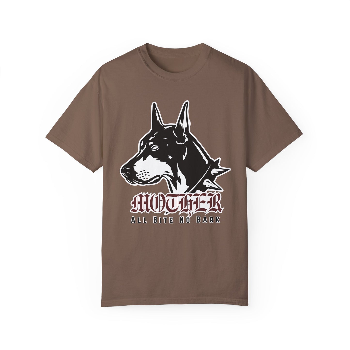 Oversized Doberman Graphic Tee with bold gothic lettering and tattoo style design. Edgy Dog Mom Shirt with punk rock vibe, perfect for streetwear lovers. Retro Mom Graphic Tee with All Bite No Bark statement for bold, confident moms.