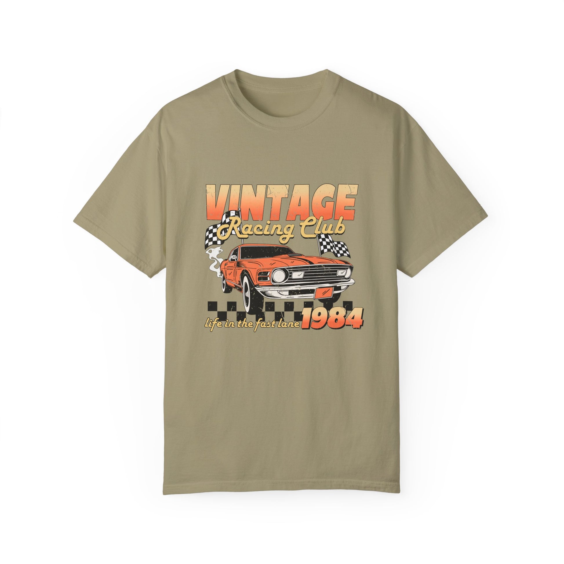 Retro racing T-shirt featuring a bold 1984 vintage design with distressed car graphics. Perfect nostalgic car shirt for muscle car lovers, featuring checkered flag details. Ideal for fans of old school racing and fast lane graphic tees.