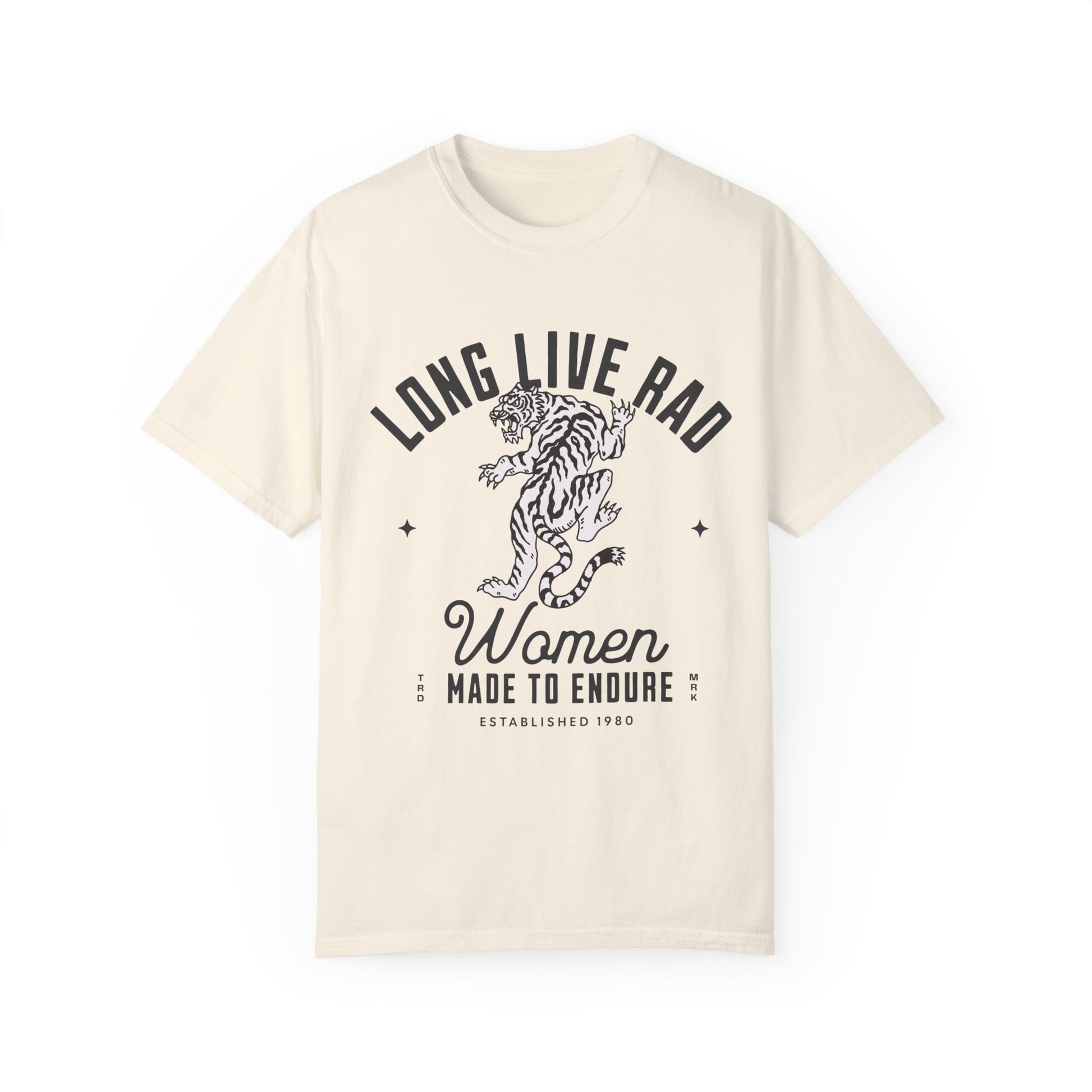 Rad Women Tee with vintage tiger graphic. 90s band graphic tee style with distressed rock tee aesthetic. Edgy women’s tee for a bold look. Western rock tee meets grunge style tee. Badass women tee with rebel graphic tee energy, perfect for everyday wear.