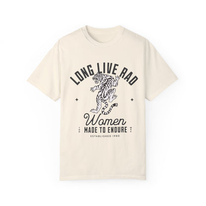 Rad Women Tee with vintage tiger graphic. 90s band graphic tee style with distressed rock tee aesthetic. Edgy women’s tee for a bold look. Western rock tee meets grunge style tee. Badass women tee with rebel graphic tee energy, perfect for everyday wear.