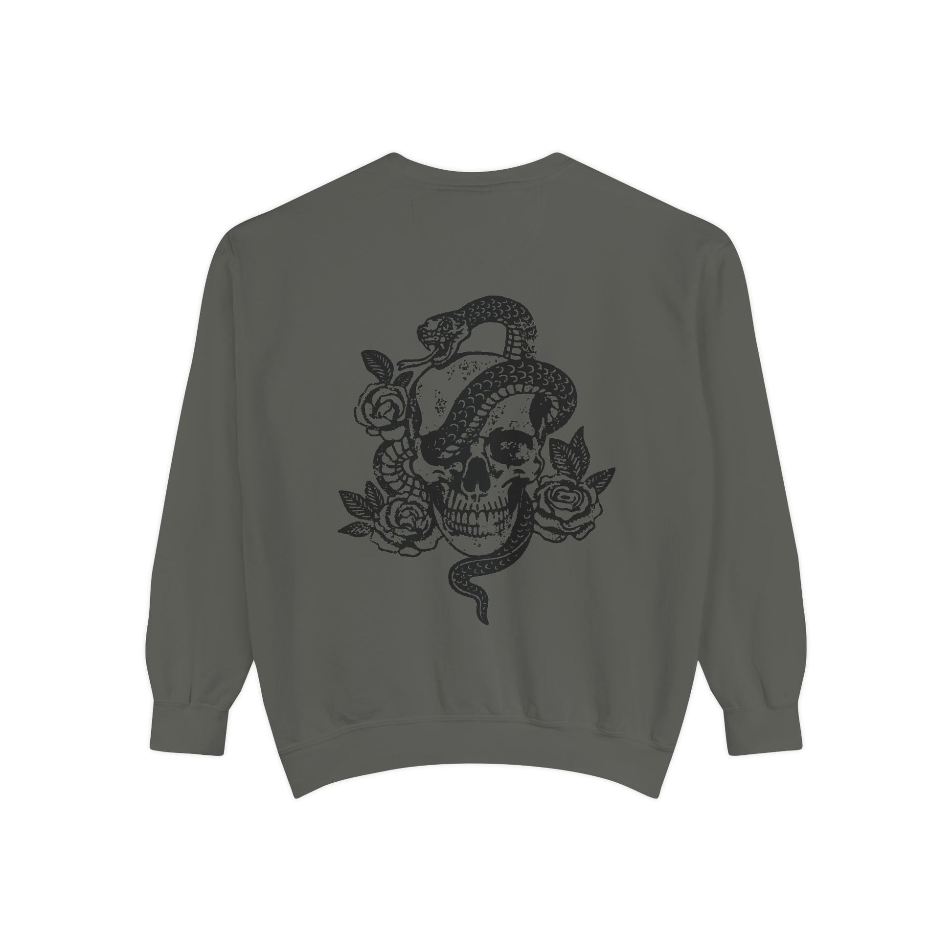 Dark cottagecore top with skeleton graphic and snake design, witchy celestial style sweatshirt, edgy retro pullover perfect for gothic fashion lovers.
