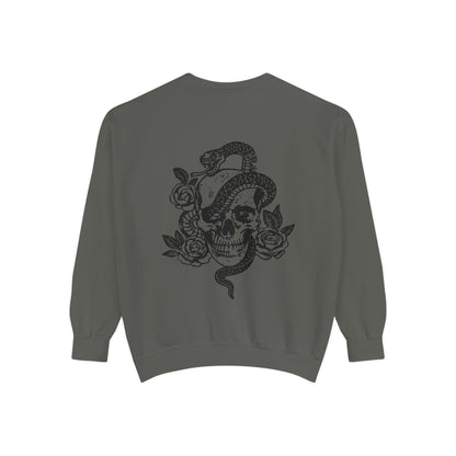 Dark cottagecore top with skeleton graphic and snake design, witchy celestial style sweatshirt, edgy retro pullover perfect for gothic fashion lovers.