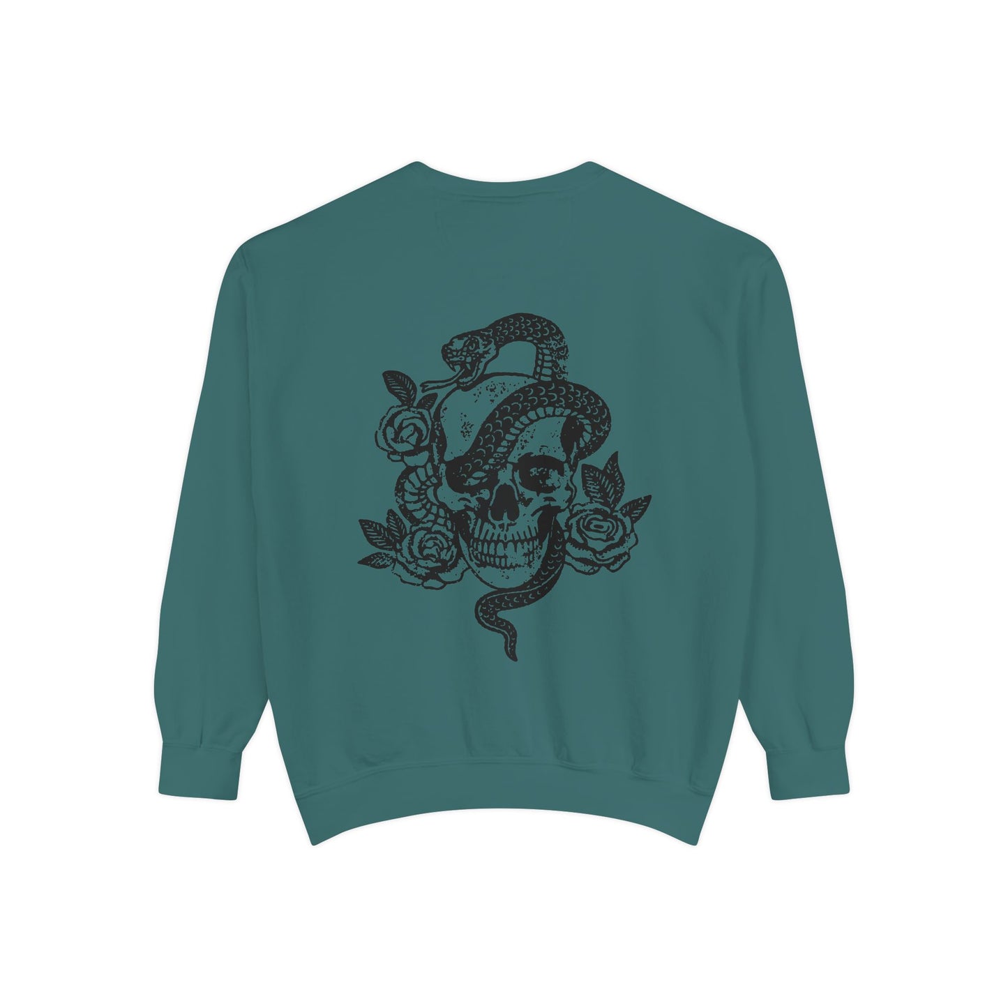 Dark cottagecore top with skeleton graphic and snake design, witchy celestial style sweatshirt, edgy retro pullover perfect for gothic fashion lovers.