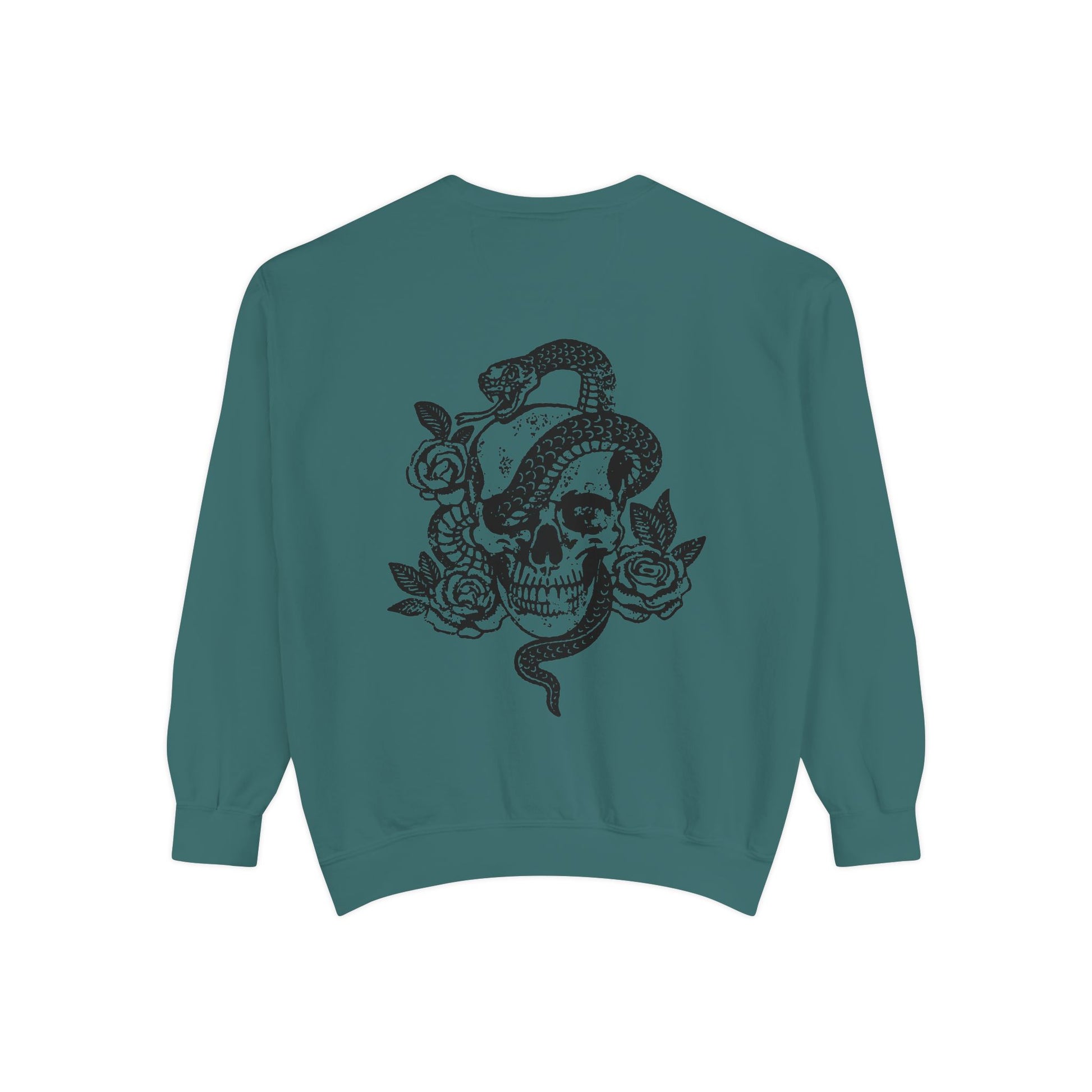 Dark cottagecore top with skeleton graphic and snake design, witchy celestial style sweatshirt, edgy retro pullover perfect for gothic fashion lovers.