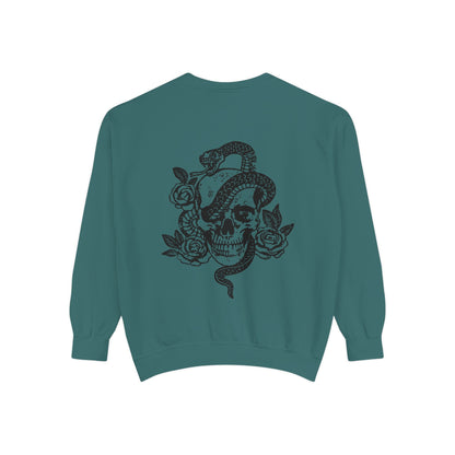 Dark cottagecore top with skeleton graphic and snake design, witchy celestial style sweatshirt, edgy retro pullover perfect for gothic fashion lovers.