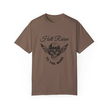 Graphic tee featuring a vintage-inspired winged skull and helmet design. Perfect for fans of retro biker style, rebel looks, and distressed rocker shirts. A badass, edgy option for casual wear with a unique skull and wings design.