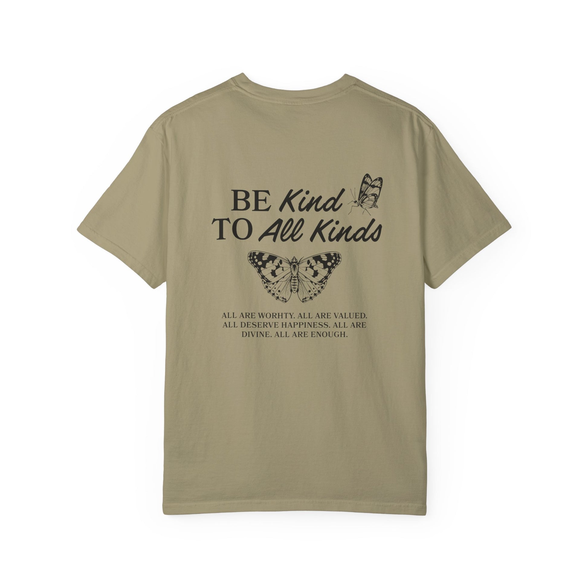 Be Kind Graphic Tee with butterfly design and uplifting message. Kindness Quote Tee made from soft cotton, perfect for casual wear. This Be Kind To All Tee spreads positivity and features an inspiring quote, great as a motivational shirt for daily style.