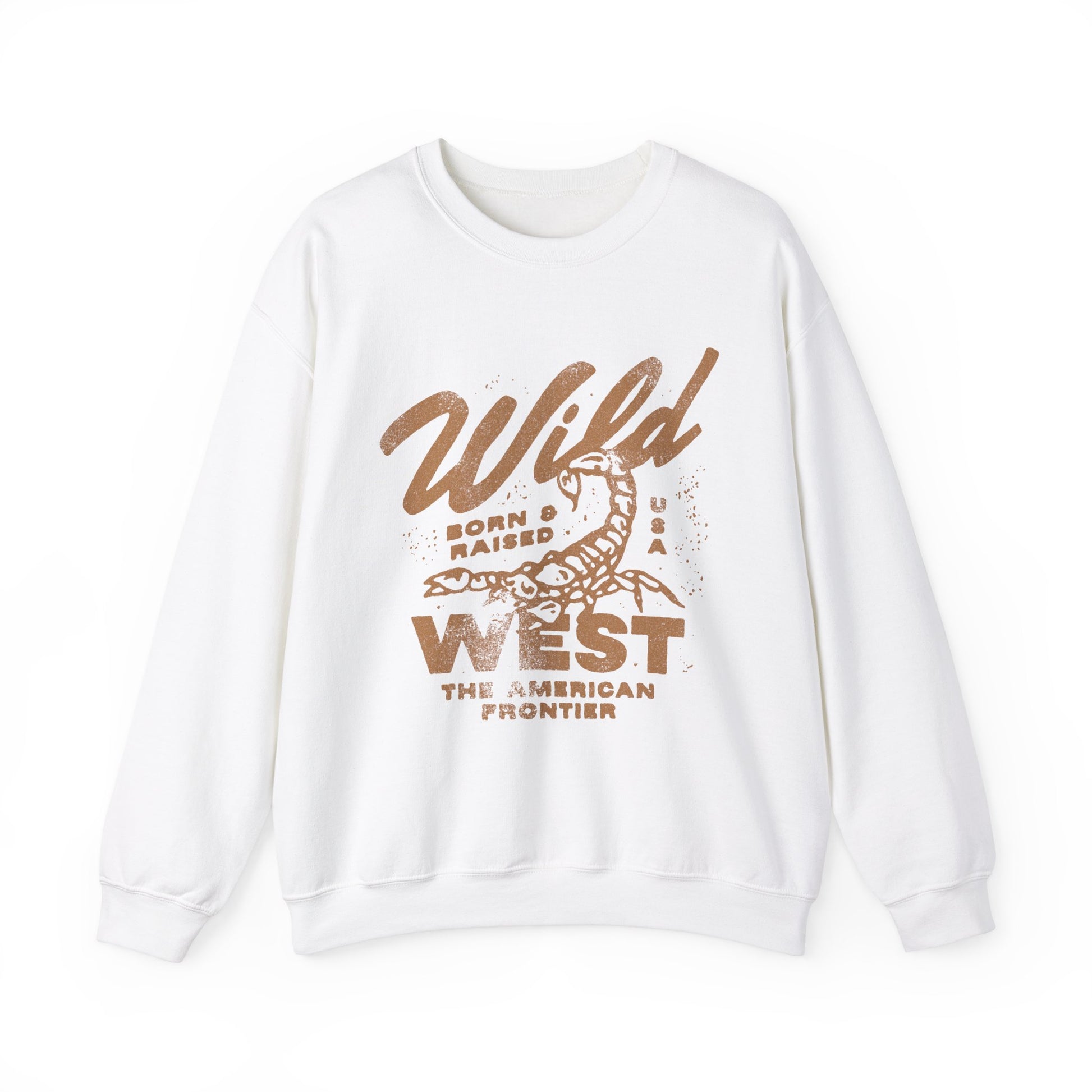 Vintage western top with a scorpion graphic and distressed details. Retro cowboy pullover with a rugged, rustic style. Wild West sweatshirt inspired by the American frontier. Western rodeo shirt with a bold design for an adventurous look.