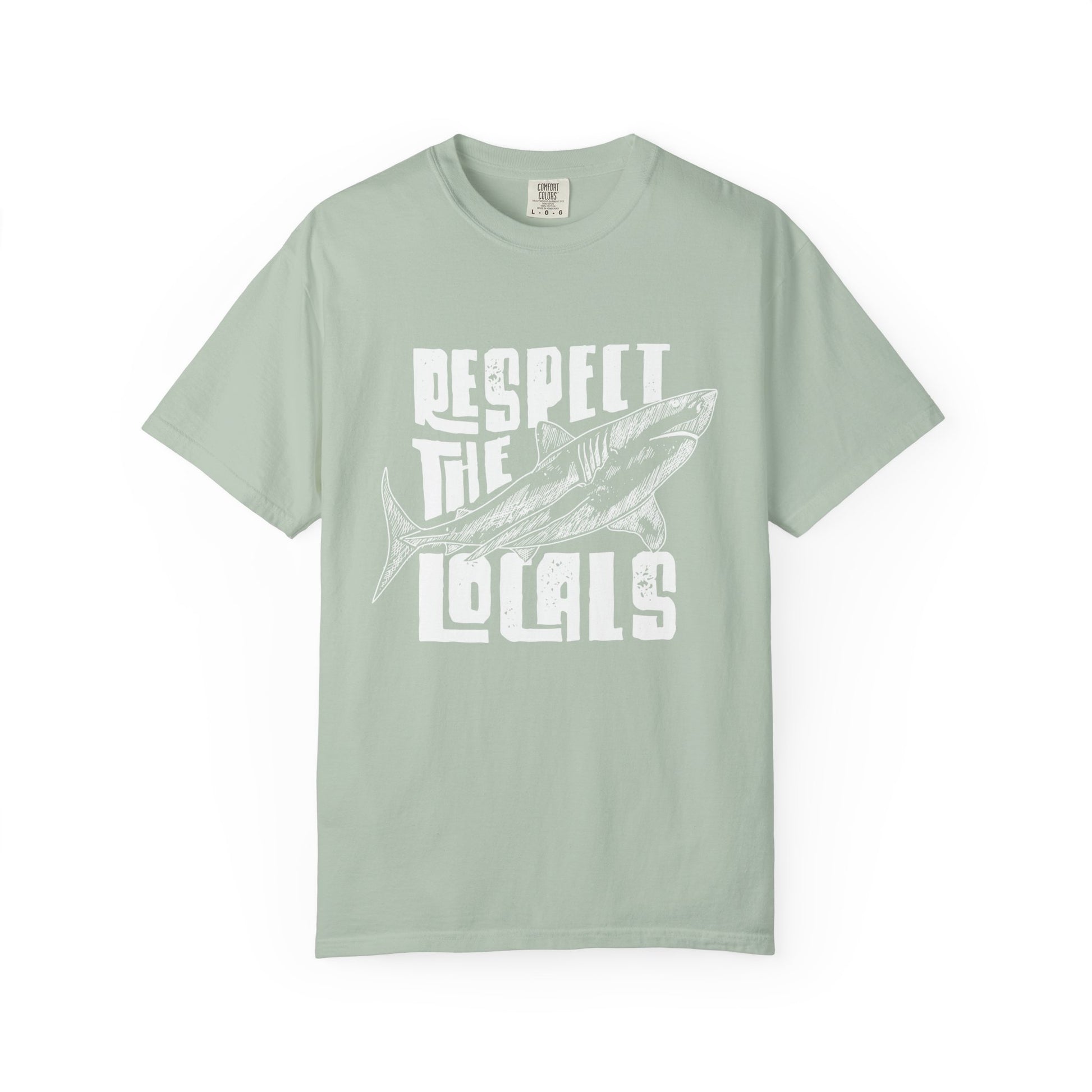 Mint green t-shirt with white graphic and text 'Respect the Locals' on a white background