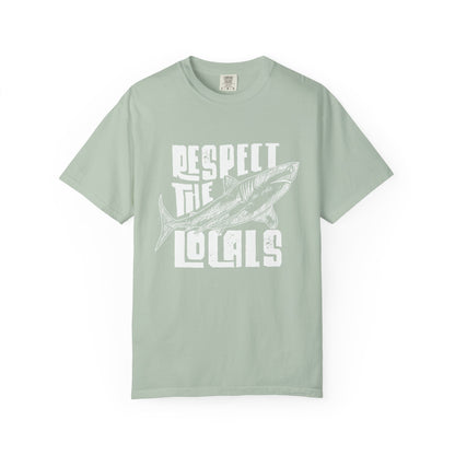 Mint green t-shirt with white graphic and text 'Respect the Locals' on a white background