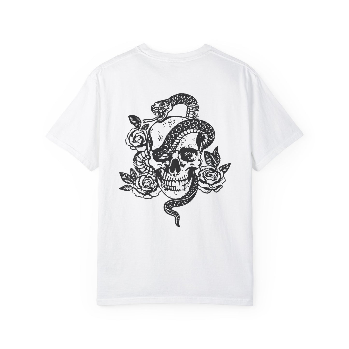 Snake skull shirt with a bold skull, rose, and snake design, blending edgy and gothic vibes. This dark graphic tee is ideal for fans of retro snake shirts, witchy skeleton tees, or unique rose t-shirts seeking a vintage gothic aesthetic for everyday wear.