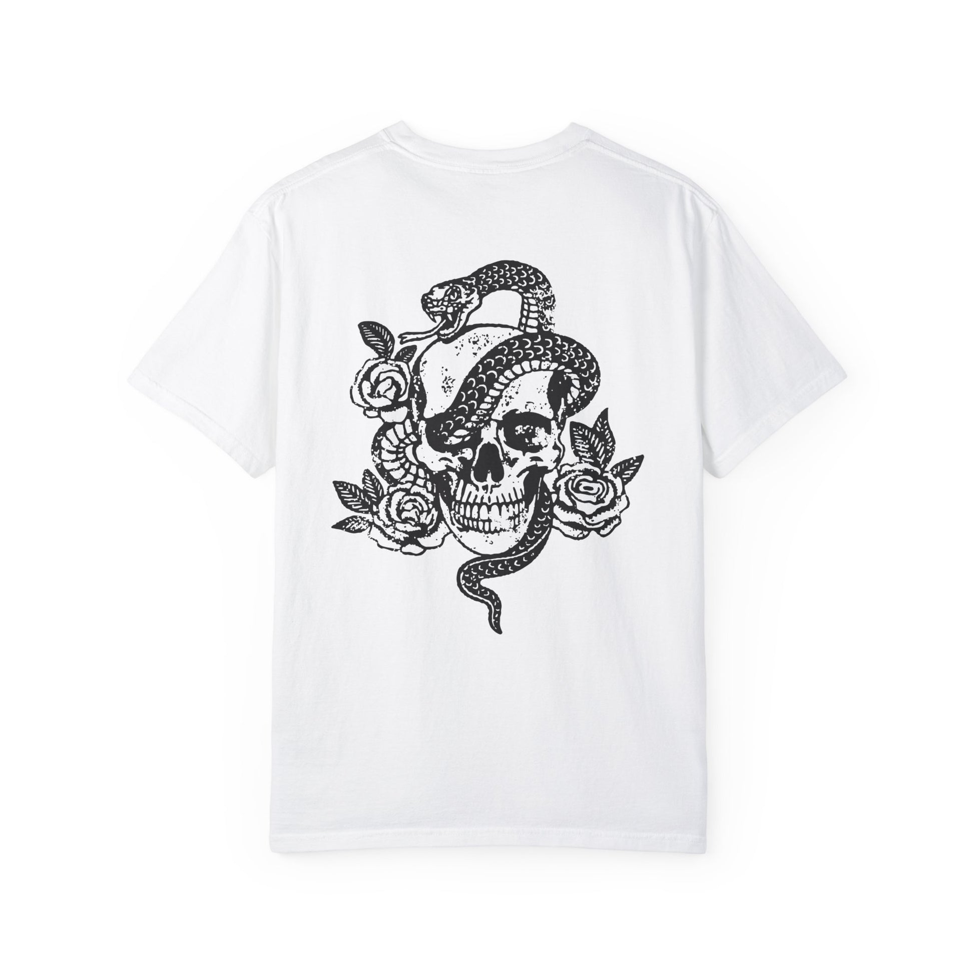 Snake skull shirt with a bold skull, rose, and snake design, blending edgy and gothic vibes. This dark graphic tee is ideal for fans of retro snake shirts, witchy skeleton tees, or unique rose t-shirts seeking a vintage gothic aesthetic for everyday wear.