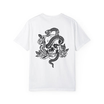 Snake skull shirt with a bold skull, rose, and snake design, blending edgy and gothic vibes. This dark graphic tee is ideal for fans of retro snake shirts, witchy skeleton tees, or unique rose t-shirts seeking a vintage gothic aesthetic for everyday wear.